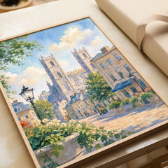 Montreal Notre-Dame Basilica in Old Montreal watercolour art print in a natural wood frame, gift close-up