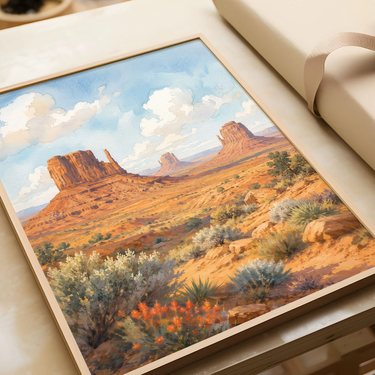 Monument Valley the Mittens buttes watercolour art print in a natural wood frame, gift close-up