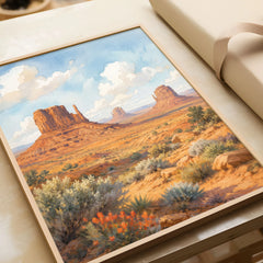 Monument Valley the Mittens buttes watercolour art print in a natural wood frame, gift close-up