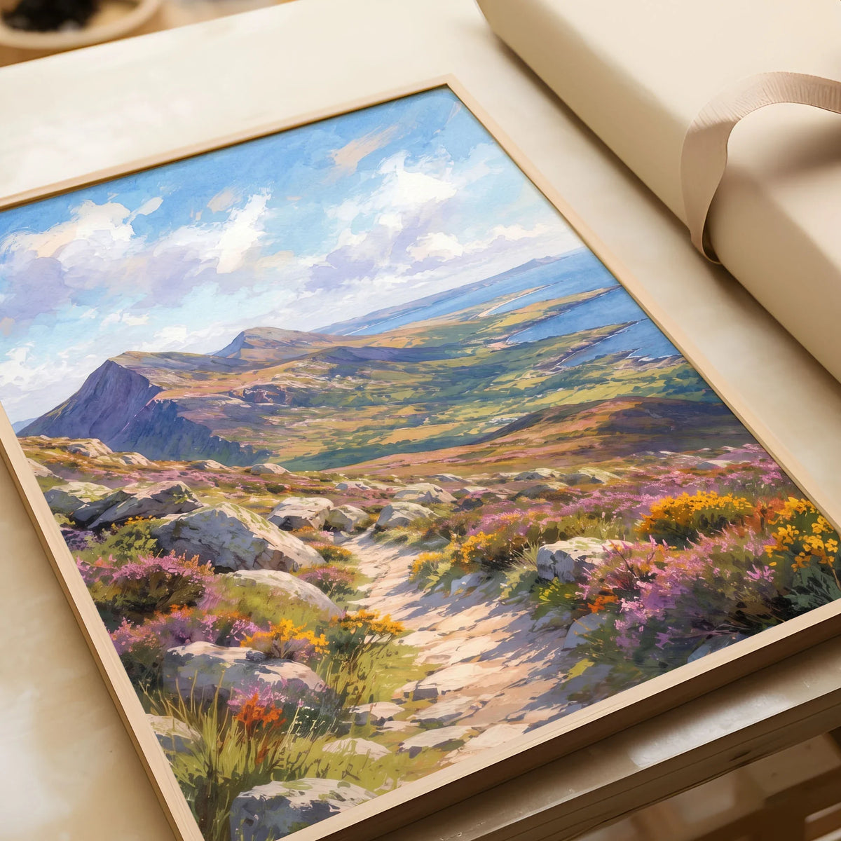 Mourne Mountains mountain path above the sea watercolour art print in a natural wood frame, gift close-up