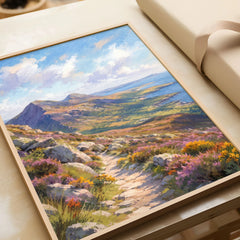 Mourne Mountains mountain path above the sea watercolour art print in a natural wood frame, gift close-up