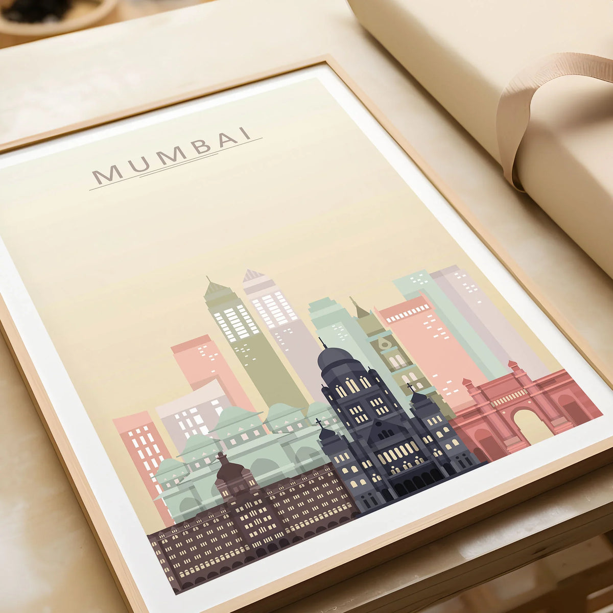 Mumbai city skyline art print in a natural wood frame, gift close-up