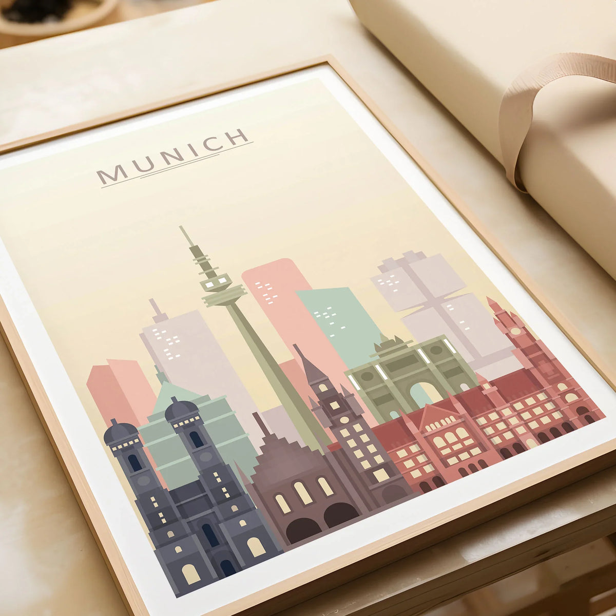 Munich city skyline art print in a natural wood frame, gift close-up