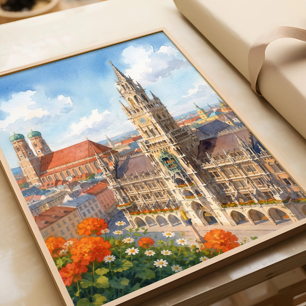 Munich New Town Hall and Frauenkirche watercolour art print in a natural wood frame, gift close-up
