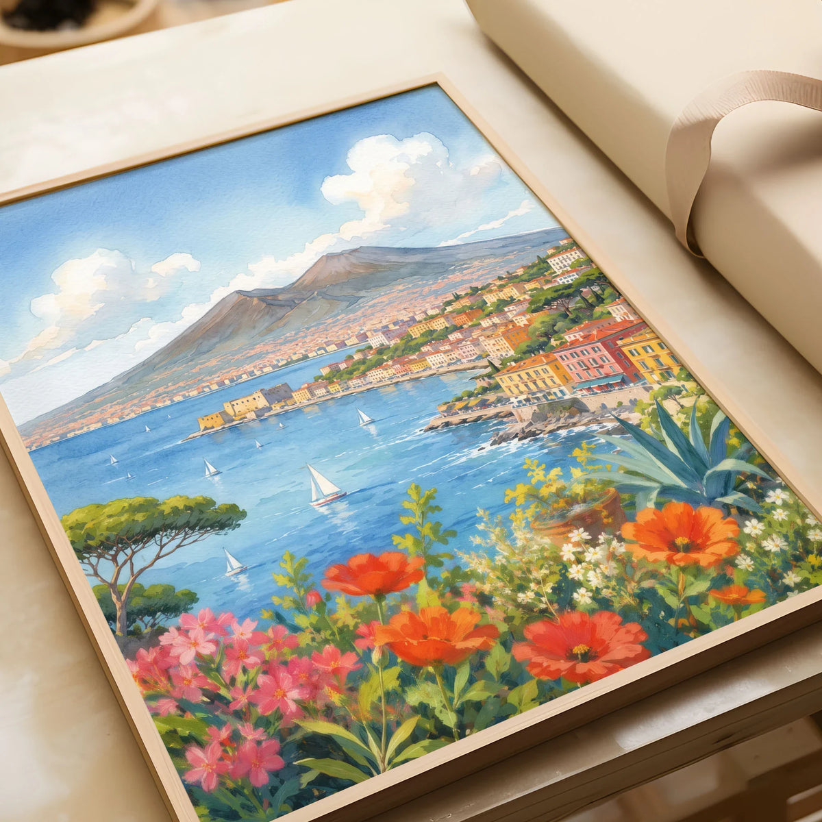 Naples Bay of Naples and Vesuvius watercolour art print in a natural wood frame, gift close-up