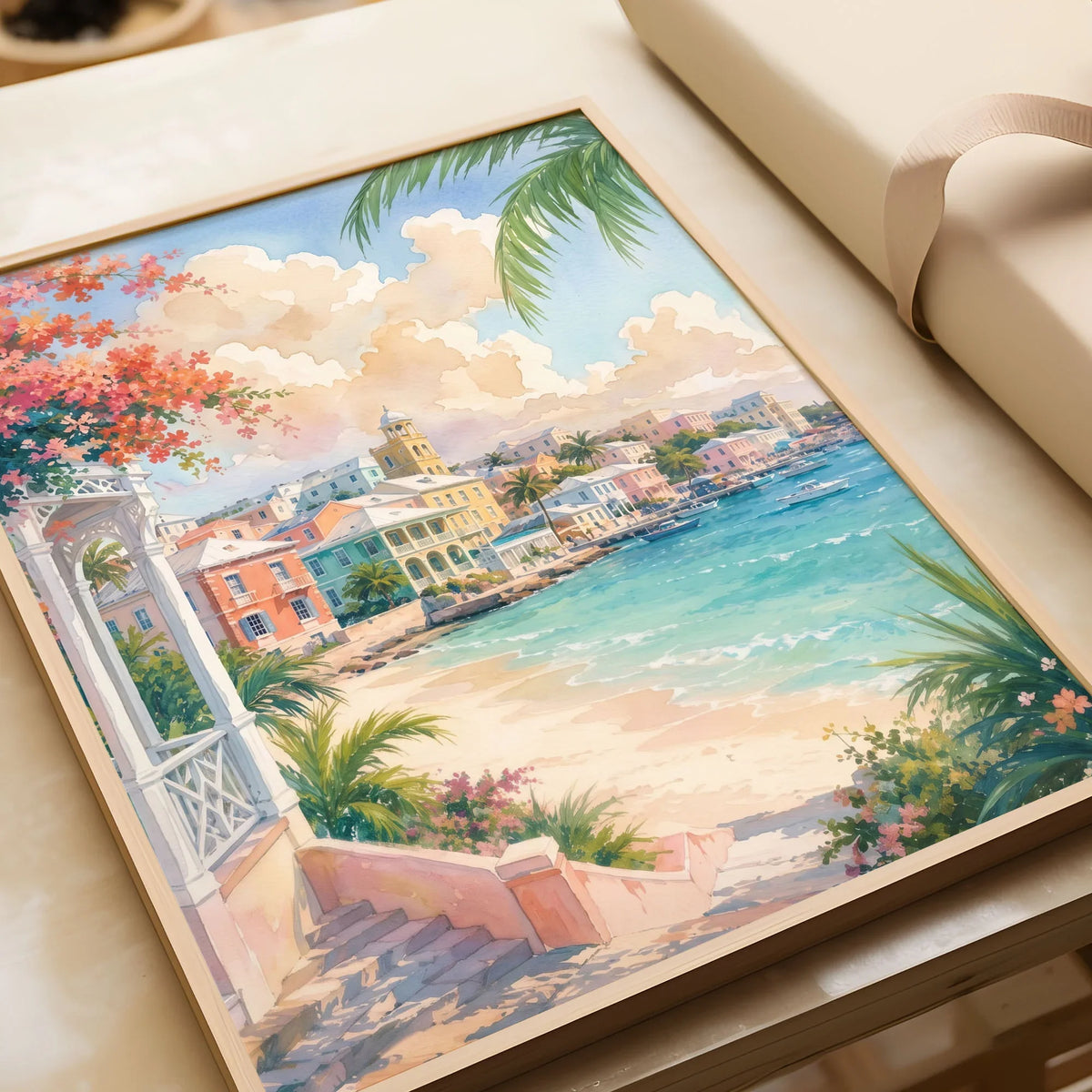 Nassau pastel waterfront and beach watercolour art print in a natural wood frame, gift close-up