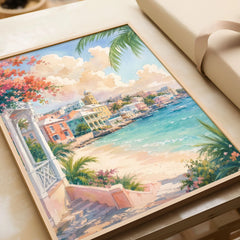 Nassau pastel waterfront and beach watercolour art print in a natural wood frame, gift close-up