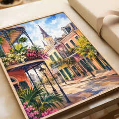 New Orleans French Quarter balconies watercolour art print in a natural wood frame, gift close-up