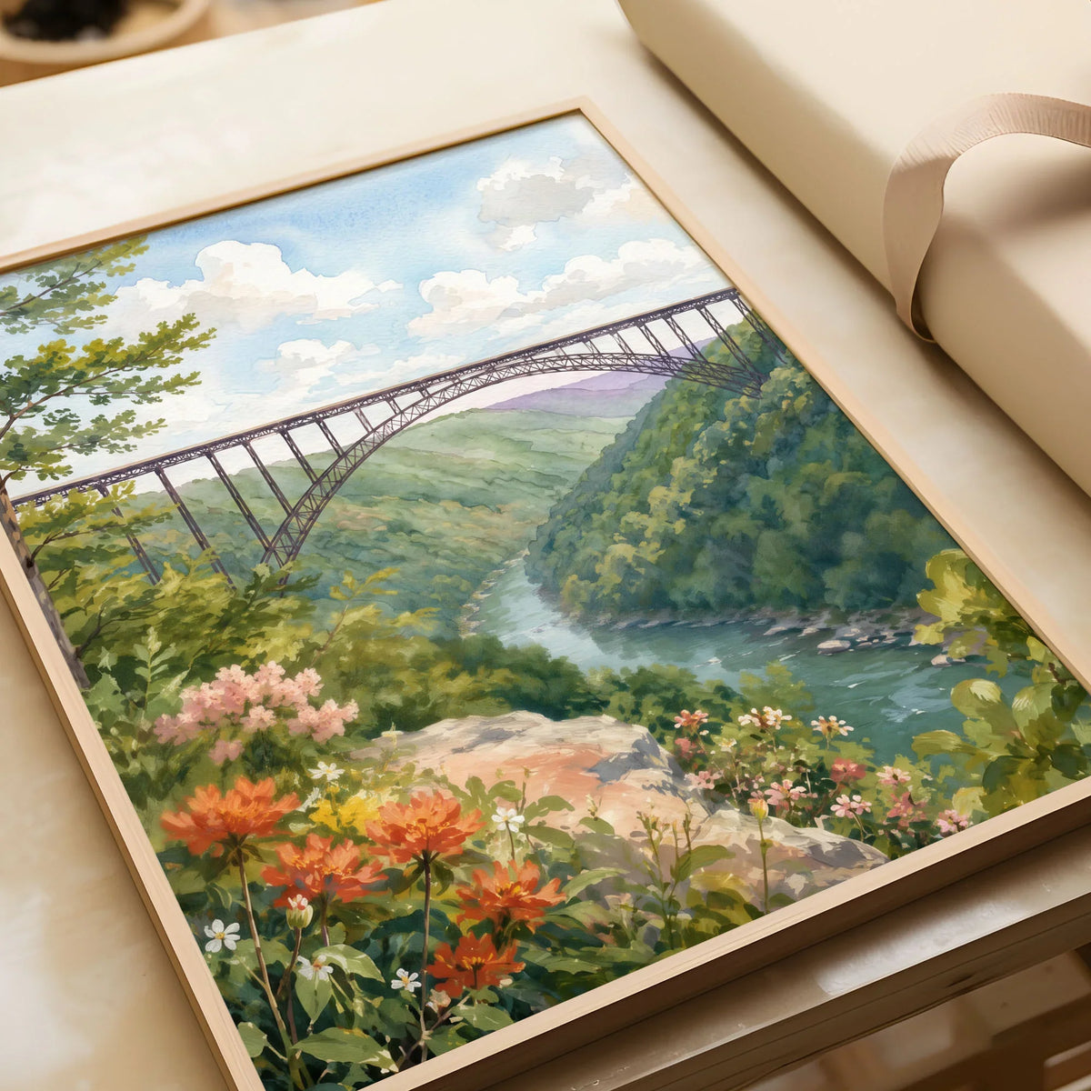 New River Gorge National Park New River Gorge Bridge watercolour art print in a natural wood frame, gift close-up