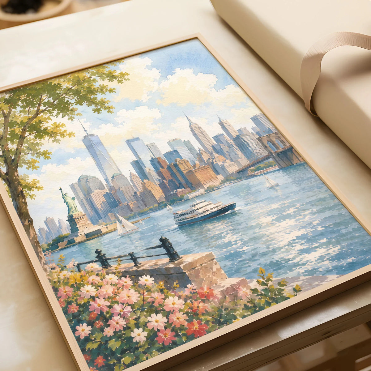 New York Statue of Liberty and Manhattan skyline watercolour art print in a natural wood frame, gift close-up