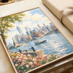 New York Statue of Liberty and Manhattan skyline watercolour art print in a natural wood frame, gift close-up