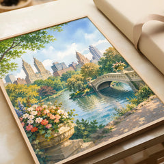 New York Central Park Bow Bridge watercolour art print in a natural wood frame, gift close-up