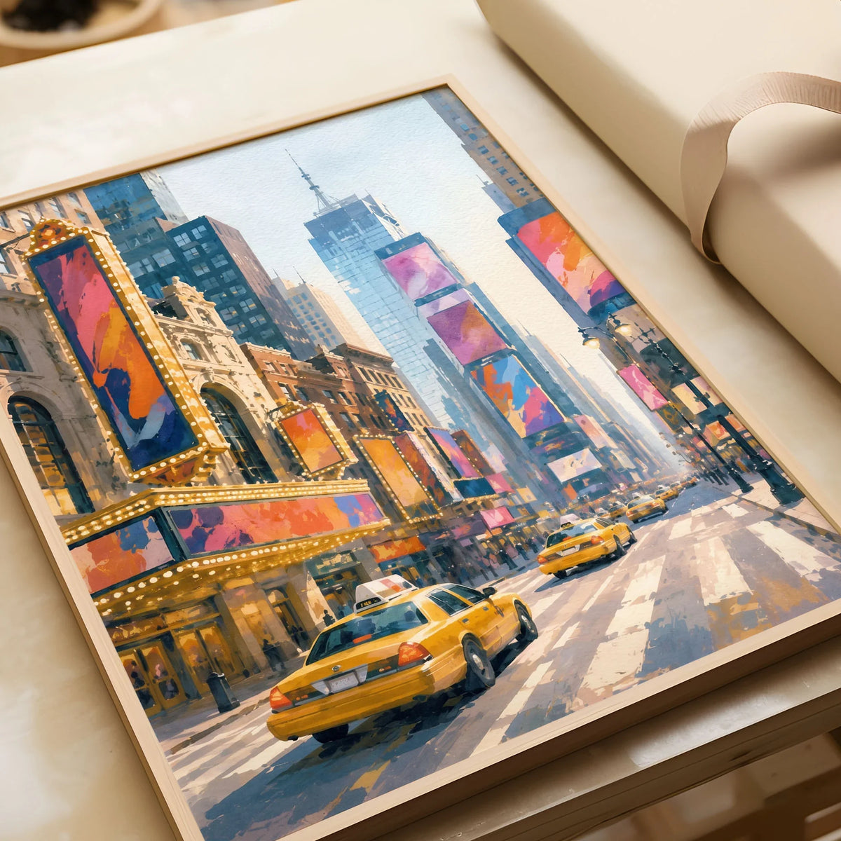 New York Times Square and yellow cabs watercolour art print in a natural wood frame, gift close-up