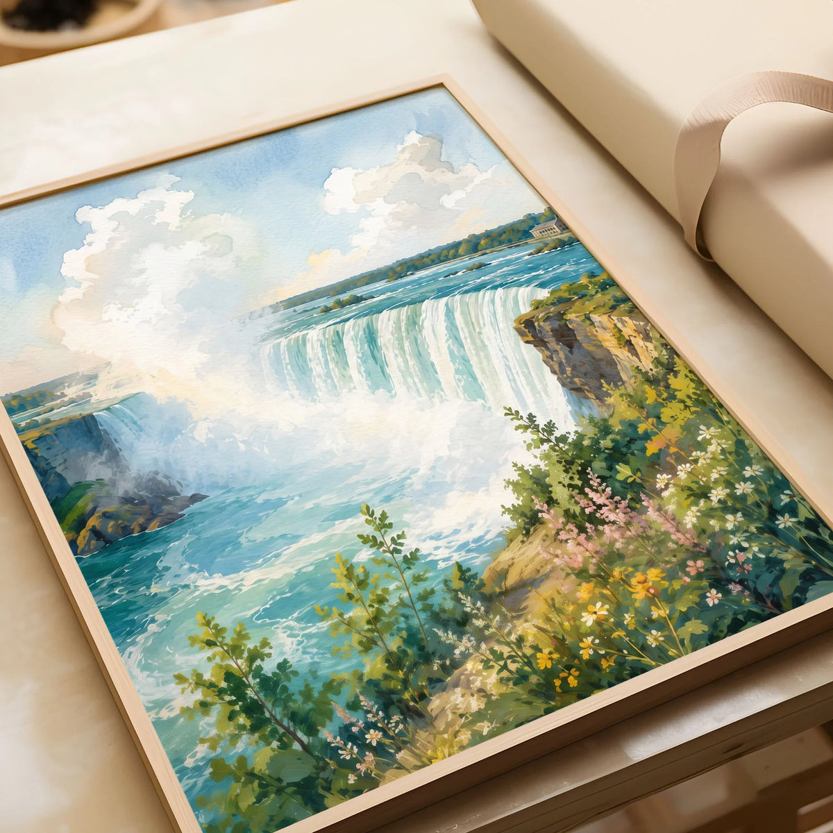 Niagara Falls State Park Horseshoe Falls watercolour art print in a natural wood frame, gift close-up