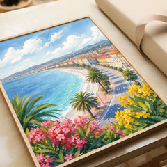 Nice Baie des Anges and promenade watercolour art print in a natural wood frame, gift close-up