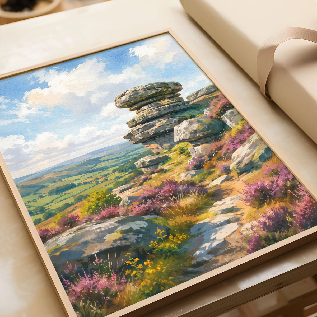Nidderdale Brimham Rocks watercolour art print in a natural wood frame, gift close-up