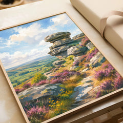 Nidderdale Brimham Rocks watercolour art print in a natural wood frame, gift close-up