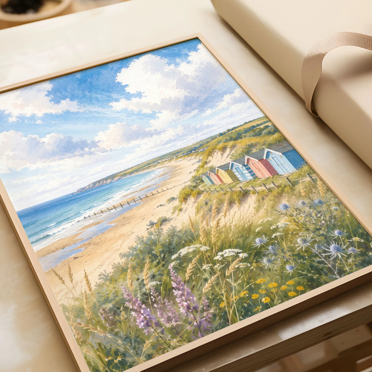 Norfolk Coast beach huts and sandy beach watercolour art print in a natural wood frame, gift close-up