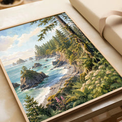 Olympic National Park rugged coast and sea stacks watercolour art print in a natural wood frame, gift close-up