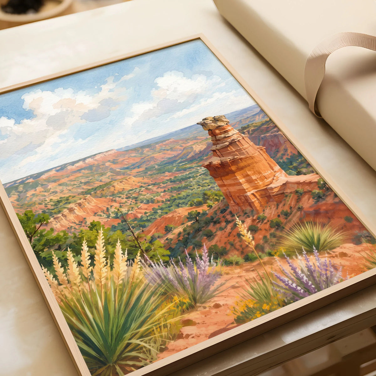 Palo Duro Canyon State Park Lighthouse rock formation watercolour art print in a natural wood frame, gift close-up
