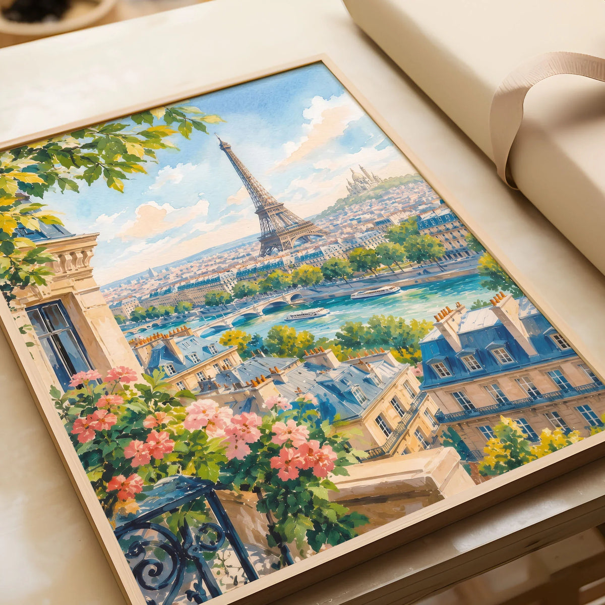 Paris Eiffel Tower and the Seine watercolour art print in a natural wood frame, gift close-up
