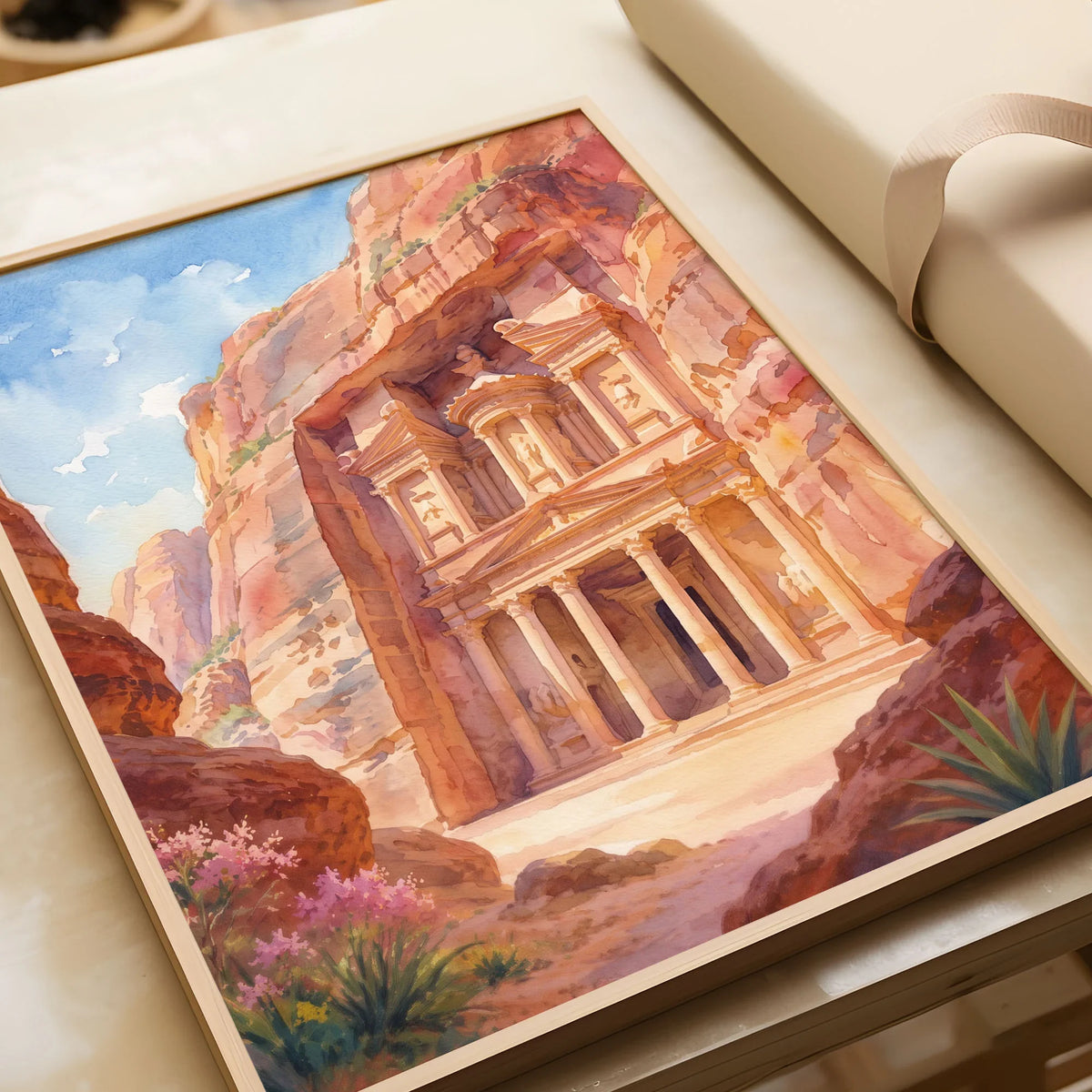 Petra Treasury in the rock watercolour art print in a natural wood frame, gift close-up