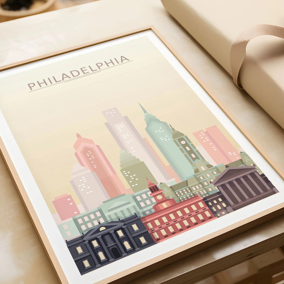 Philadelphia city skyline art print in a natural wood frame, gift close-up