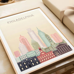Philadelphia city skyline art print in a natural wood frame, gift close-up