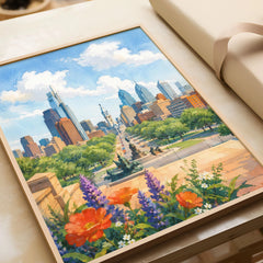 Philadelphia skyline and Ben Franklin Parkway watercolour art print in a natural wood frame, gift close-up