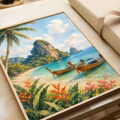 Phuket longtail boats and limestone cliffs watercolour art print in a natural wood frame, gift close-up