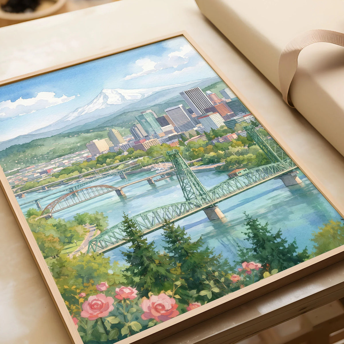 Portland Mount Hood and Willamette bridges watercolour art print in a natural wood frame, gift close-up