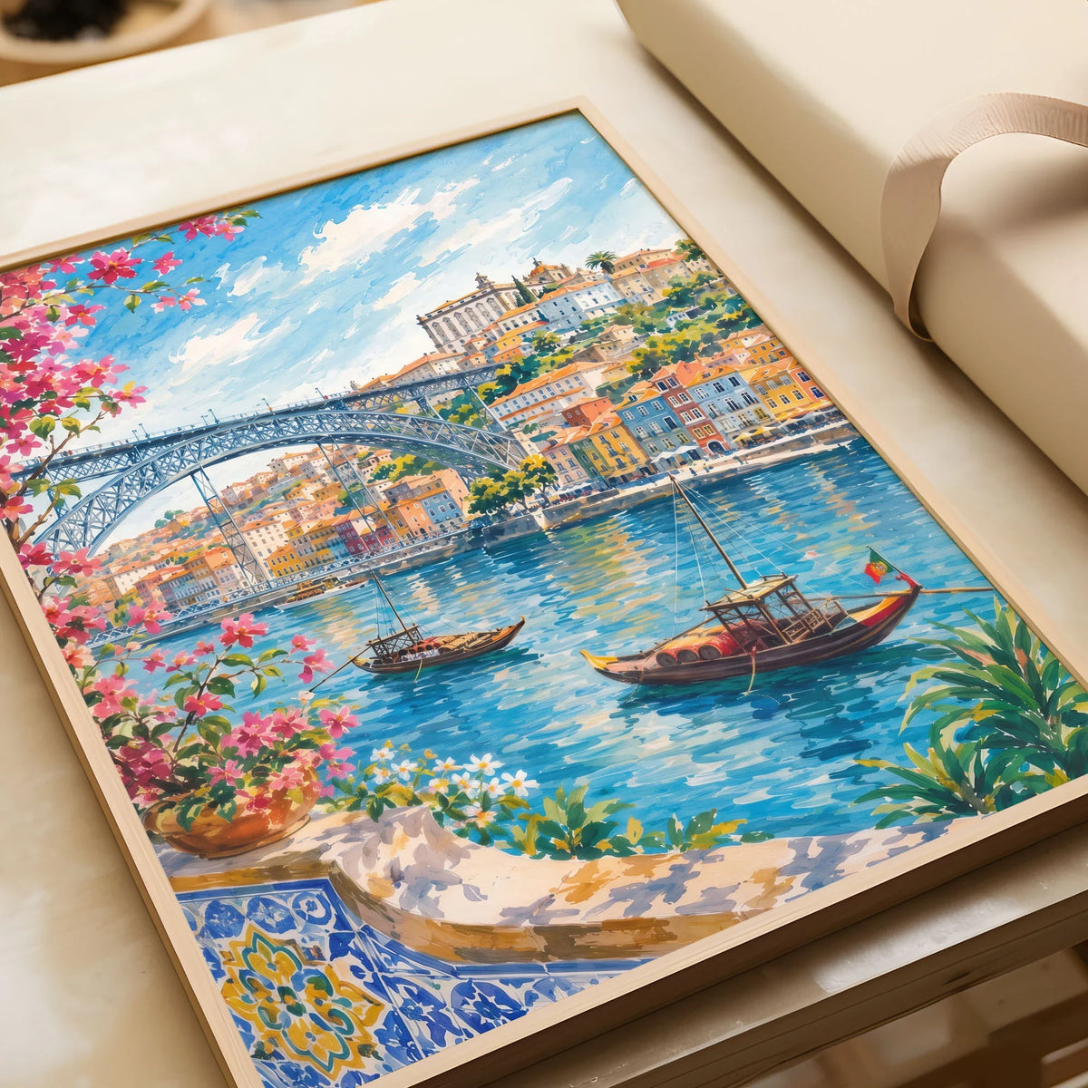 Porto Dom Luís I Bridge and rabelo boats watercolour art print in a natural wood frame, gift close-up