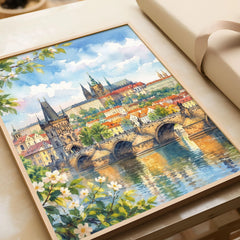 Prague Charles Bridge and Prague Castle watercolour art print in a natural wood frame, gift close-up