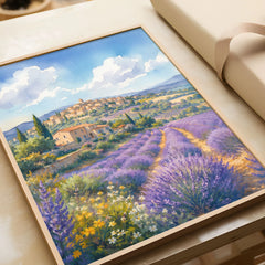 Provence lavender fields and hilltop village watercolour art print in a natural wood frame, gift close-up