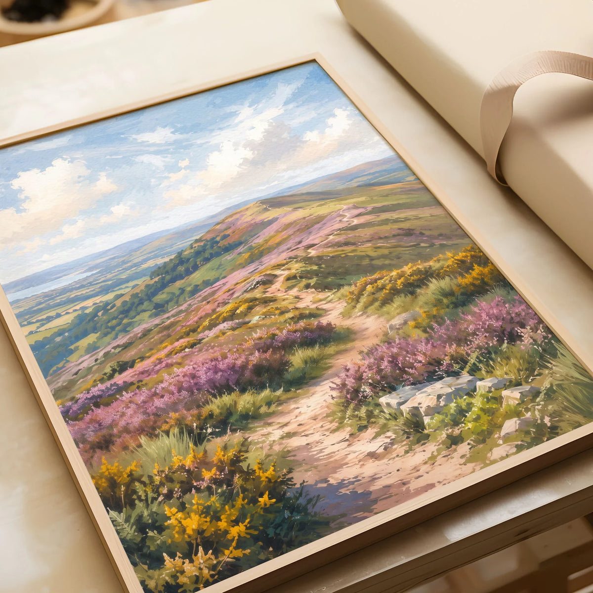 Quantock Hills heather hilltop path watercolour art print in a natural wood frame, gift close-up