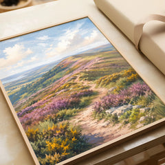 Quantock Hills heather hilltop path watercolour art print in a natural wood frame, gift close-up