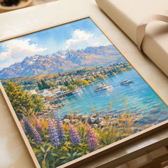 Queenstown Lake Wakatipu, Remarkables and lupins watercolour art print in a natural wood frame, gift close-up