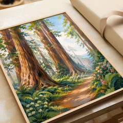 Redwood National Park giant redwoods and forest trail watercolour art print in a natural wood frame, gift close-up