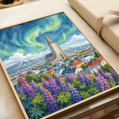 Reykjavik Hallgrímskirkja and northern lights watercolour art print in a natural wood frame, gift close-up