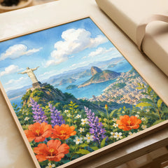 Rio de Janeiro Christ the Redeemer and Sugarloaf watercolour art print in a natural wood frame, gift close-up