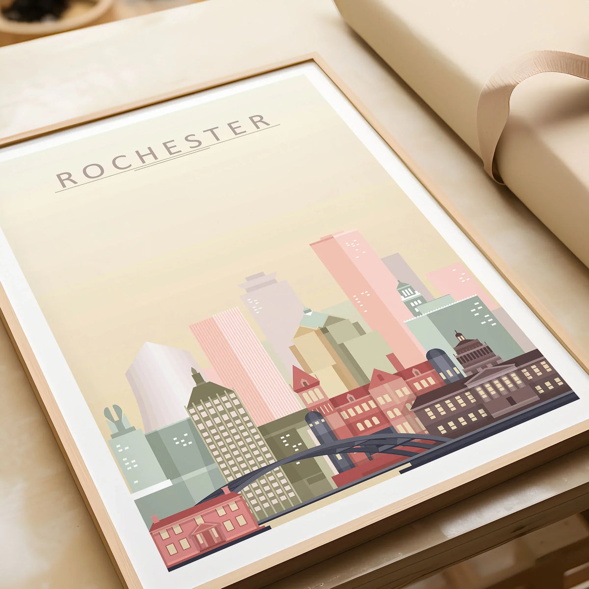 Rochester city skyline art print in a natural wood frame, gift close-up