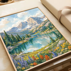 Rocky Mountain National Park alpine lake below rugged peaks watercolour art print in a natural wood frame, gift close-up