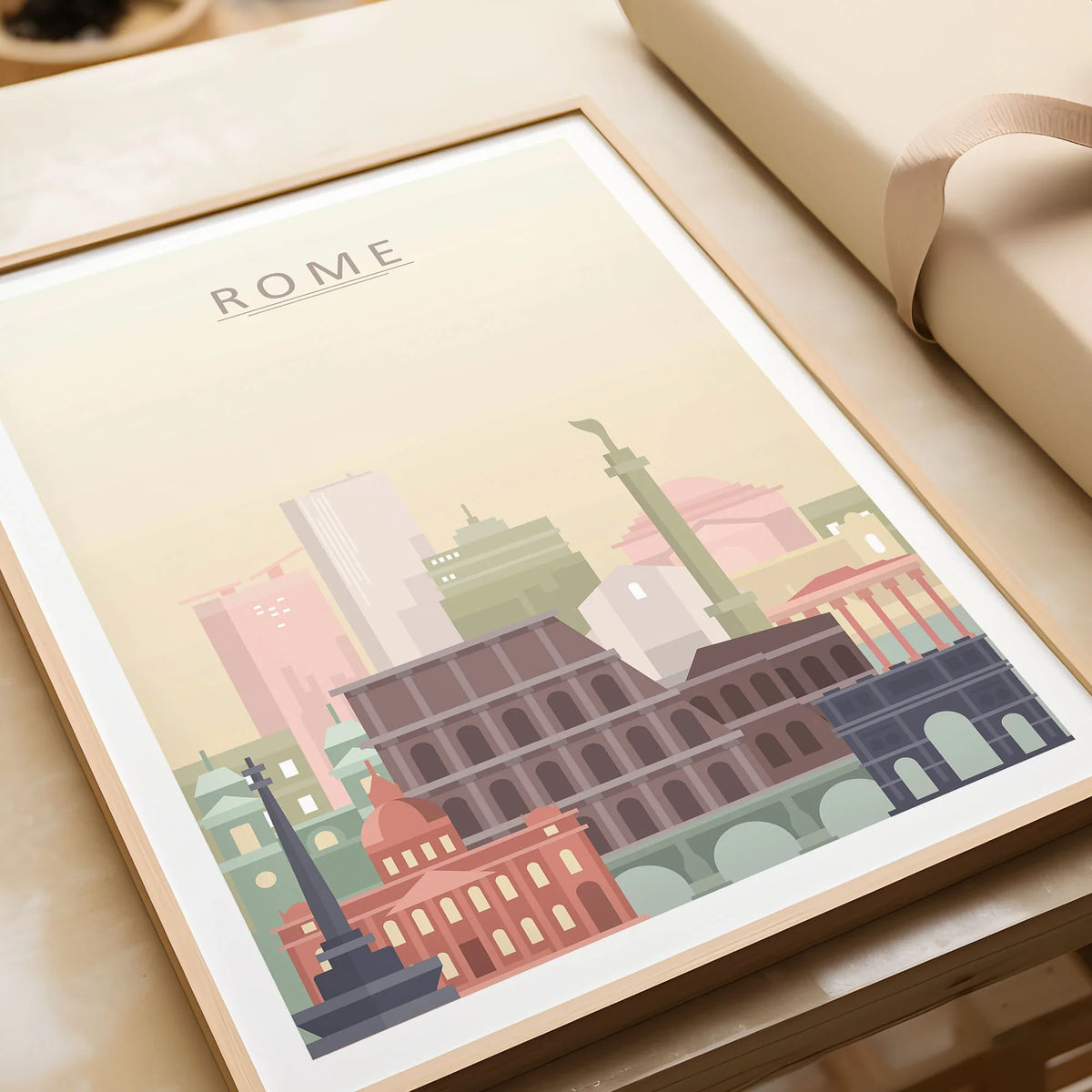 Rome city skyline art print in a natural wood frame, gift close-up