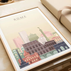 Rome city skyline art print in a natural wood frame, gift close-up
