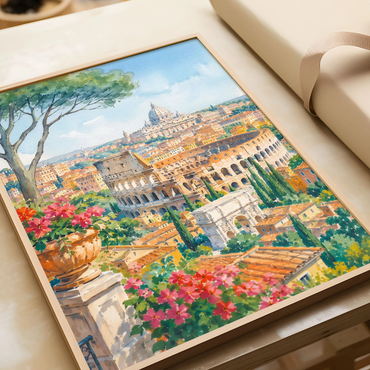 Rome Colosseum and St Peter's dome watercolour art print in a natural wood frame, gift close-up