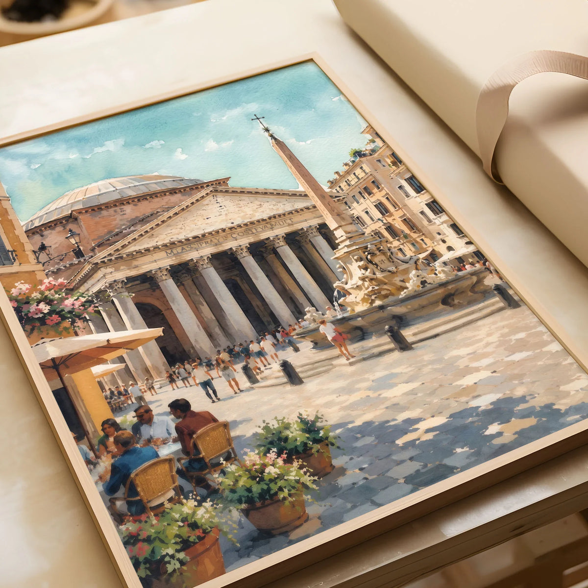 Rome Pantheon and piazza fountain watercolour art print in a natural wood frame, gift close-up