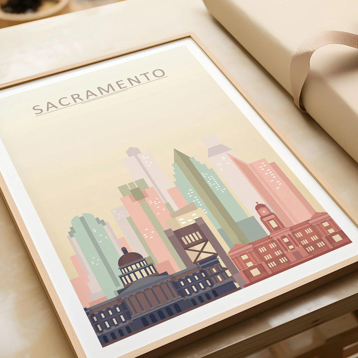 Sacramento city skyline art print in a natural wood frame, gift close-up