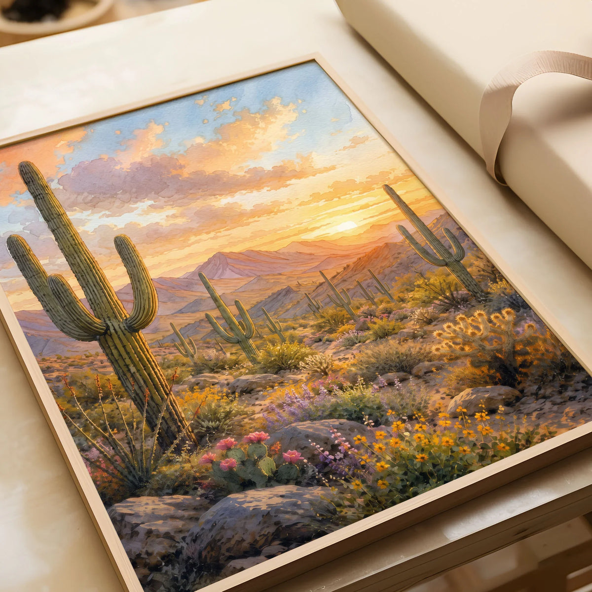 Saguaro National Park saguaro cacti at sunset watercolour art print in a natural wood frame, gift close-up