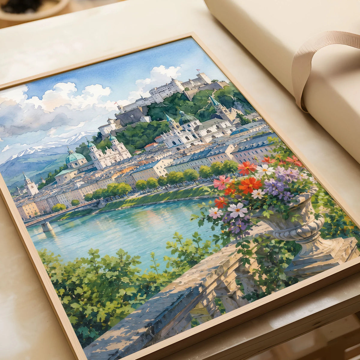 Salzburg Hohensalzburg fortress and old town watercolour art print in a natural wood frame, gift close-up