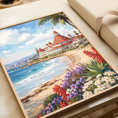 San Diego Hotel del Coronado and beach watercolour art print in a natural wood frame, gift close-up